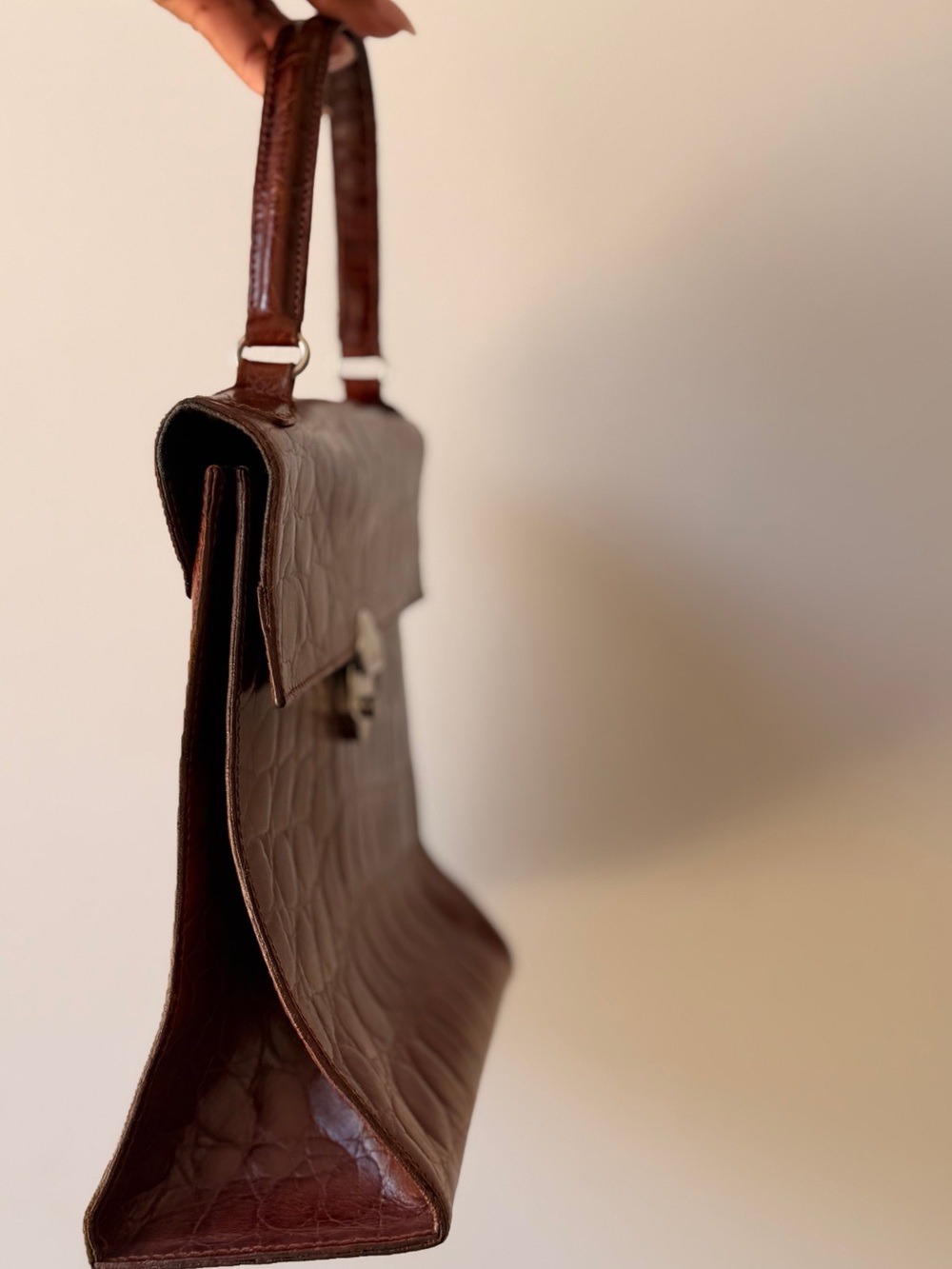 Vintage Furla Dark Brown Croc-Embossed Leather Top Handle Satchel - Picture 3 of 9